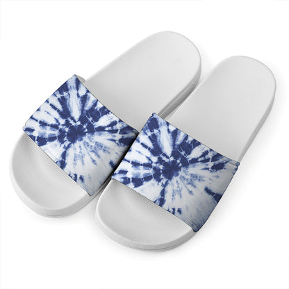Blue And White Tie Dye Print White Slide Sandals