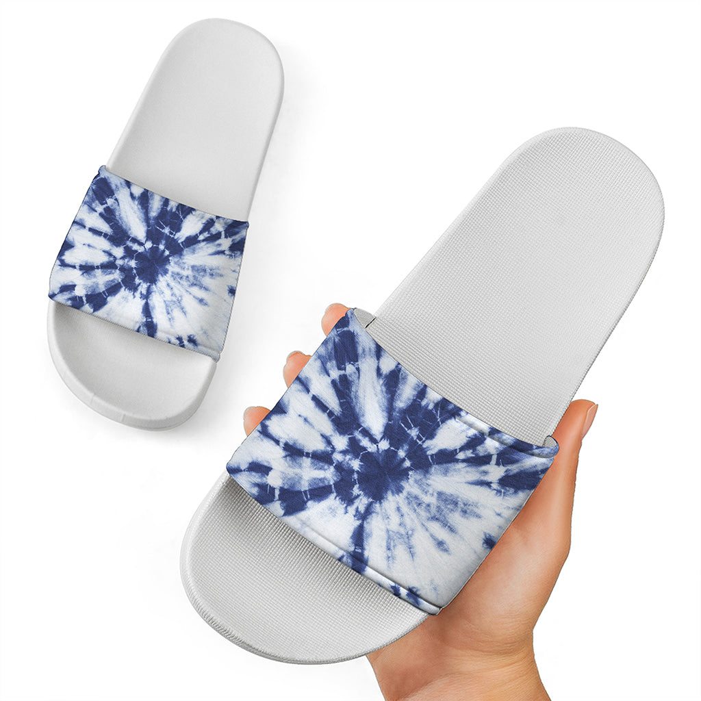 Blue And White Tie Dye Print White Slide Sandals