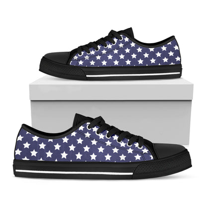Blue And White USA Star Pattern Print Black Low Top Shoes