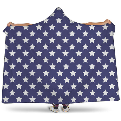 Blue And White USA Star Pattern Print Hooded Blanket