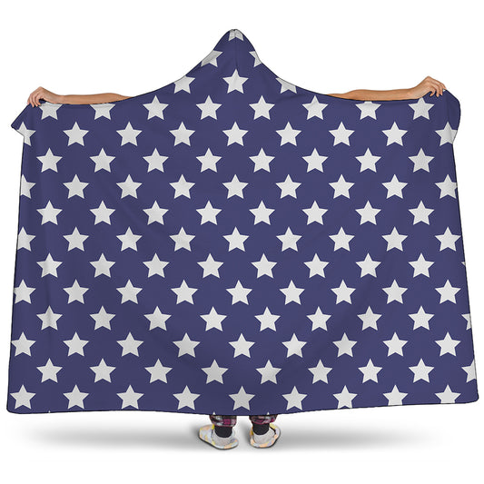 Blue And White USA Star Pattern Print Hooded Blanket