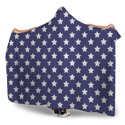 Blue And White USA Star Pattern Print Hooded Blanket