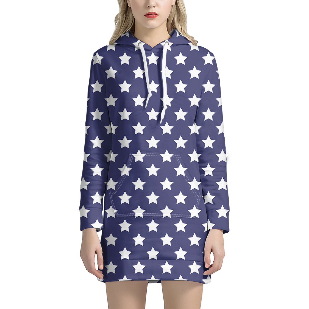 Blue And White USA Star Pattern Print Hoodie Dress