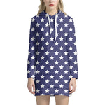 Blue And White USA Star Pattern Print Hoodie Dress