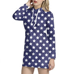 Blue And White USA Star Pattern Print Hoodie Dress