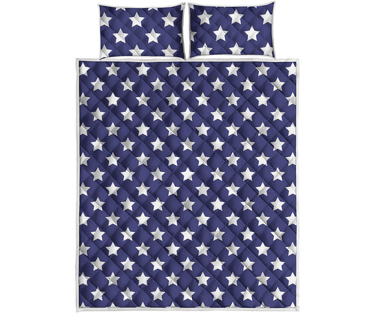 Blue And White USA Star Pattern Print Quilt Bed Set