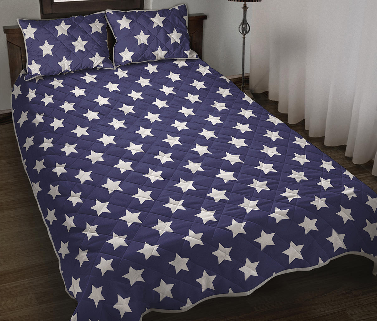 Blue And White USA Star Pattern Print Quilt Bed Set