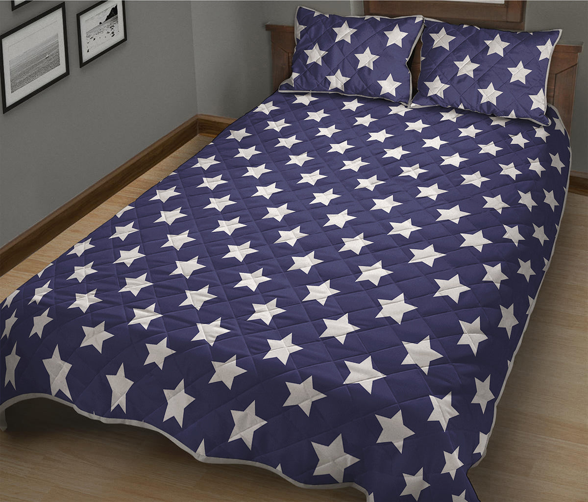 Blue And White USA Star Pattern Print Quilt Bed Set