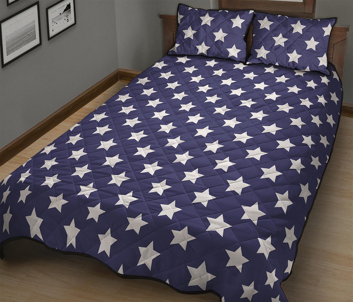 Blue And White USA Star Pattern Print Quilt Bed Set
