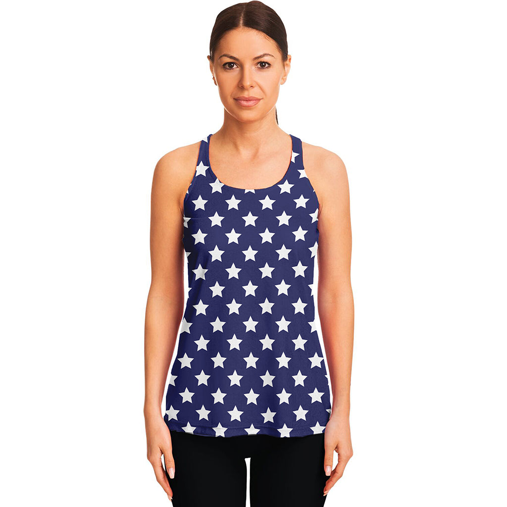 Blue And White USA Star Pattern Print Women's Racerback Tank Top