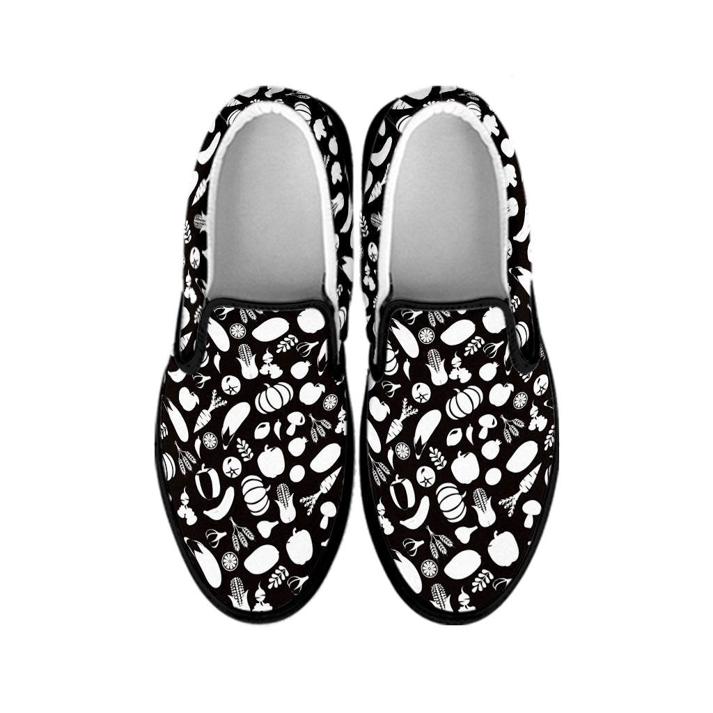 Blue And White Vegan Pattern Print Black Slip On Shoes