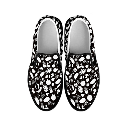 Blue And White Vegan Pattern Print Black Slip On Shoes