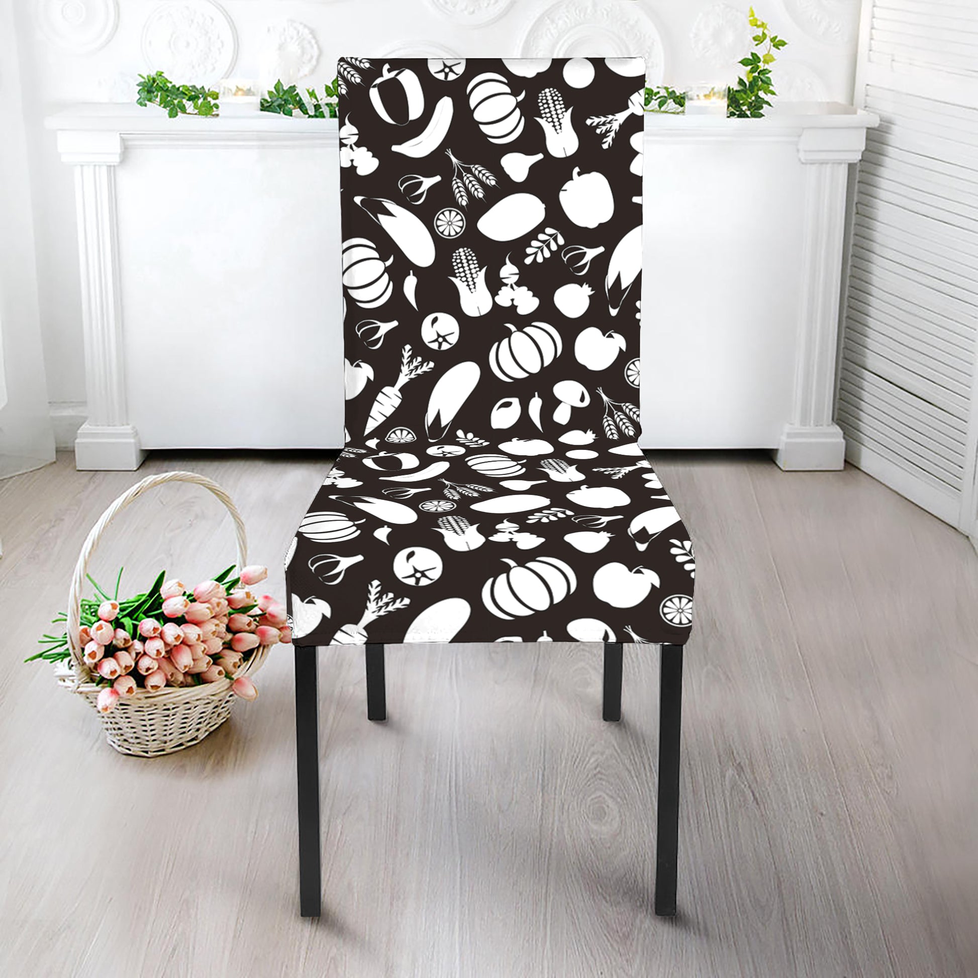 Blue And White Vegan Pattern Print Dining Chair Slipcover