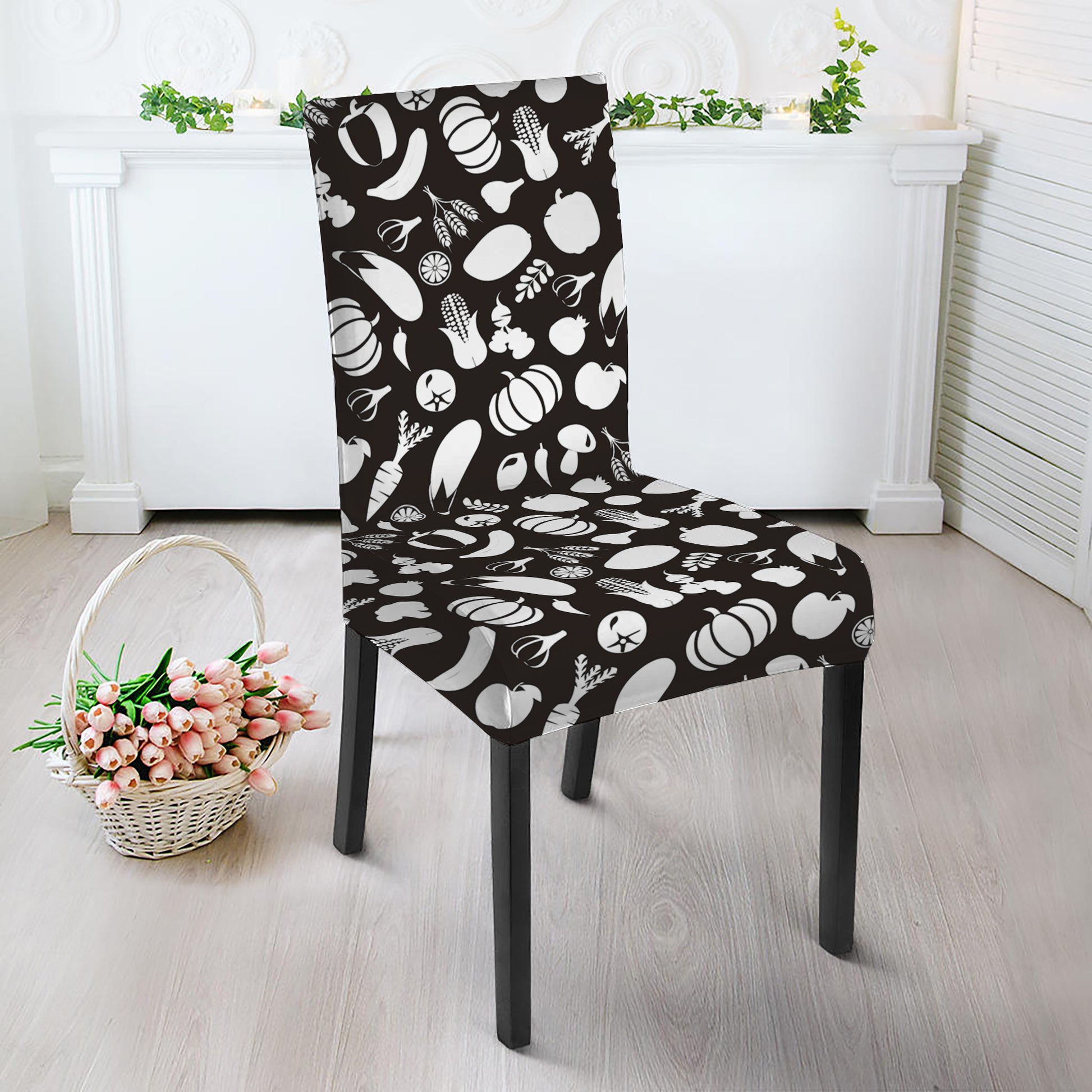 Blue And White Vegan Pattern Print Dining Chair Slipcover