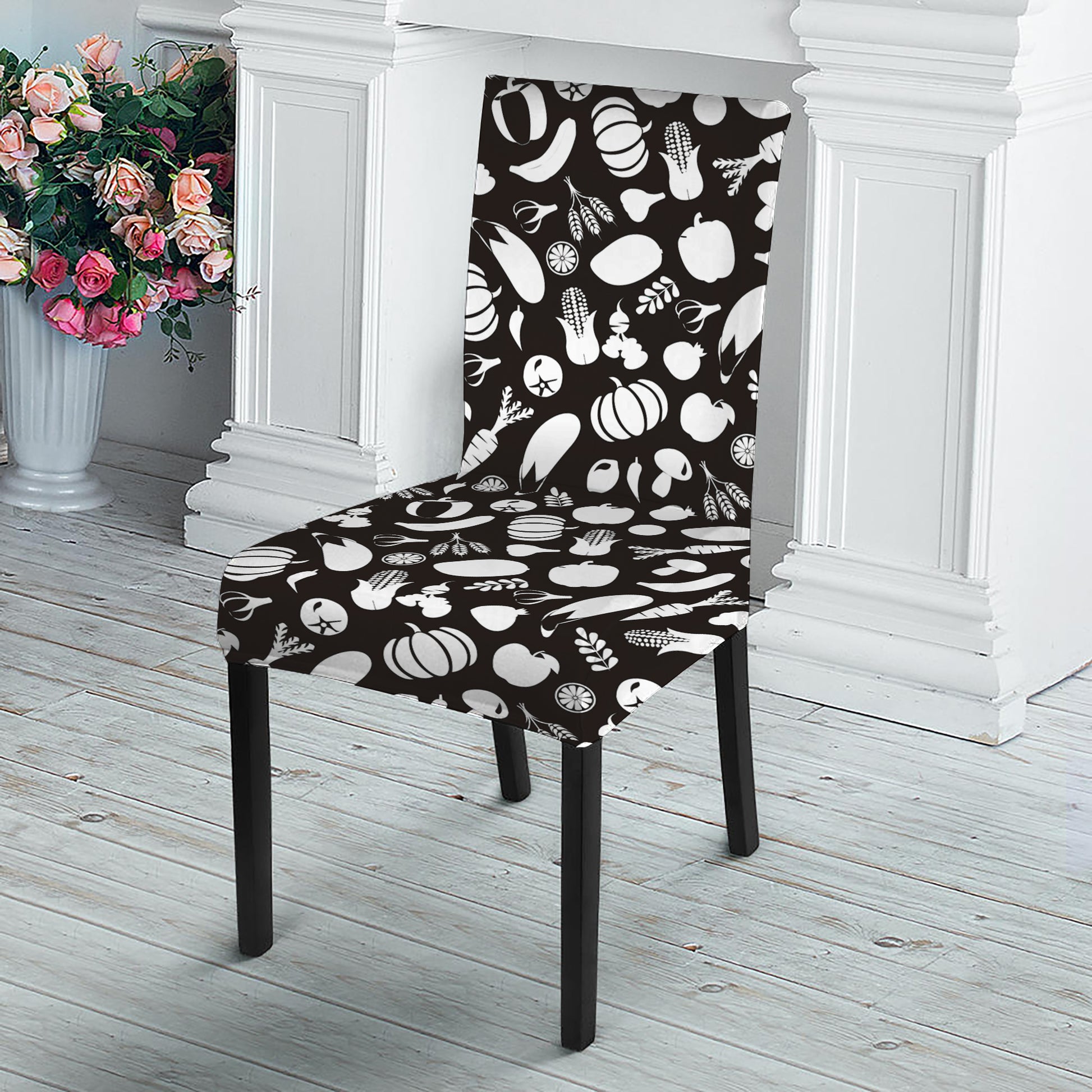 Blue And White Vegan Pattern Print Dining Chair Slipcover