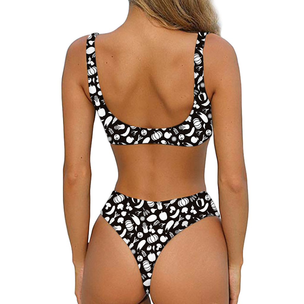 Blue And White Vegan Pattern Print Front Bow Tie Bikini