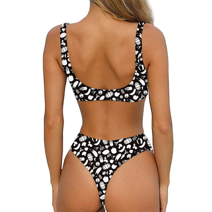 Blue And White Vegan Pattern Print Front Bow Tie Bikini