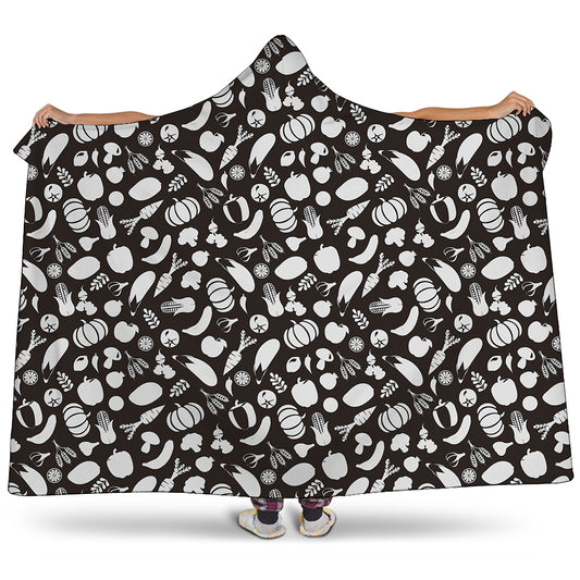 Blue And White Vegan Pattern Print Hooded Blanket