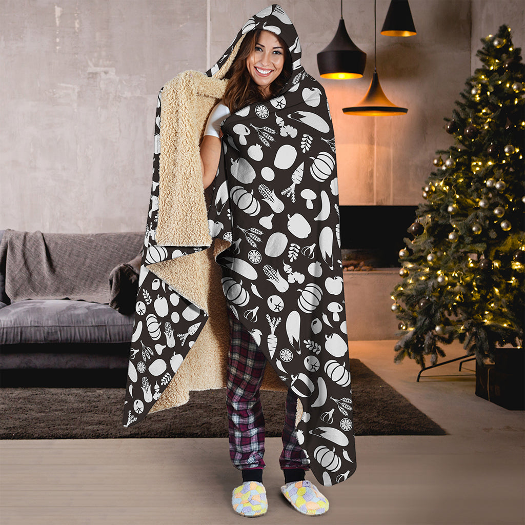 Blue And White Vegan Pattern Print Hooded Blanket