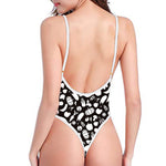 Blue And White Vegan Pattern Print One Piece High Cut Swimsuit