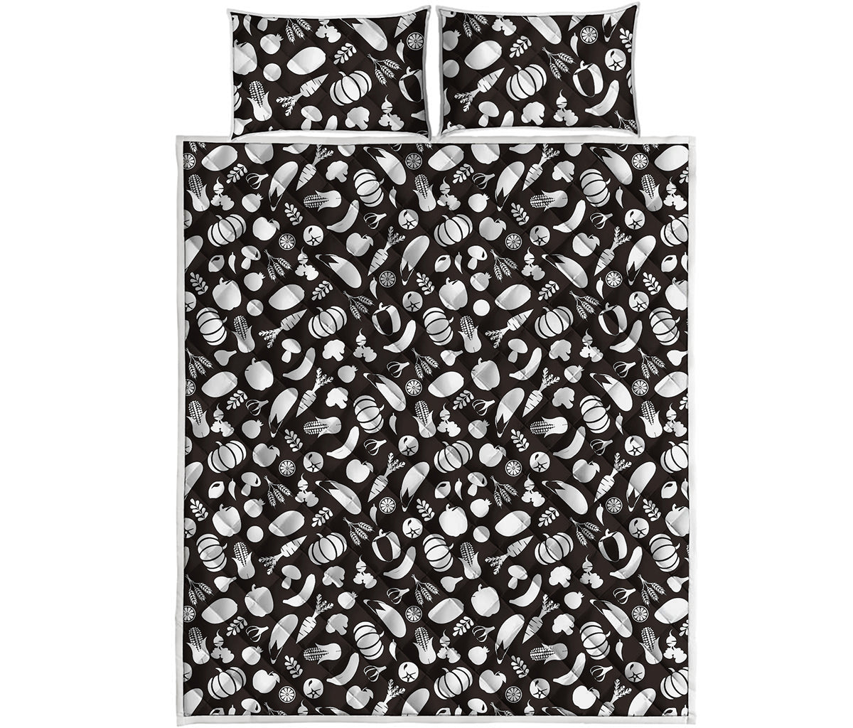 Blue And White Vegan Pattern Print Quilt Bed Set