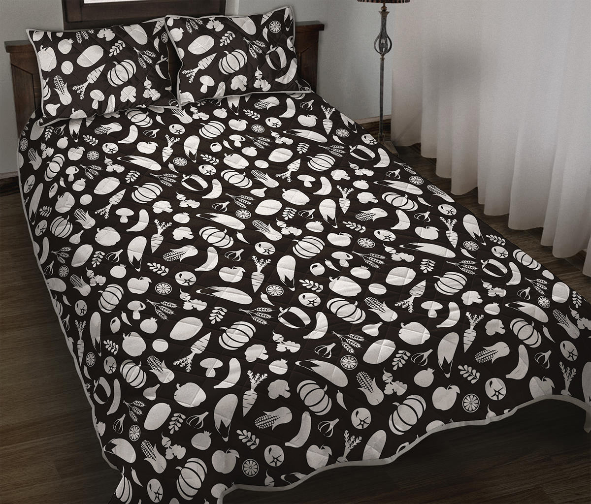 Blue And White Vegan Pattern Print Quilt Bed Set
