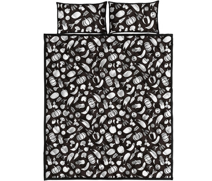 Blue And White Vegan Pattern Print Quilt Bed Set