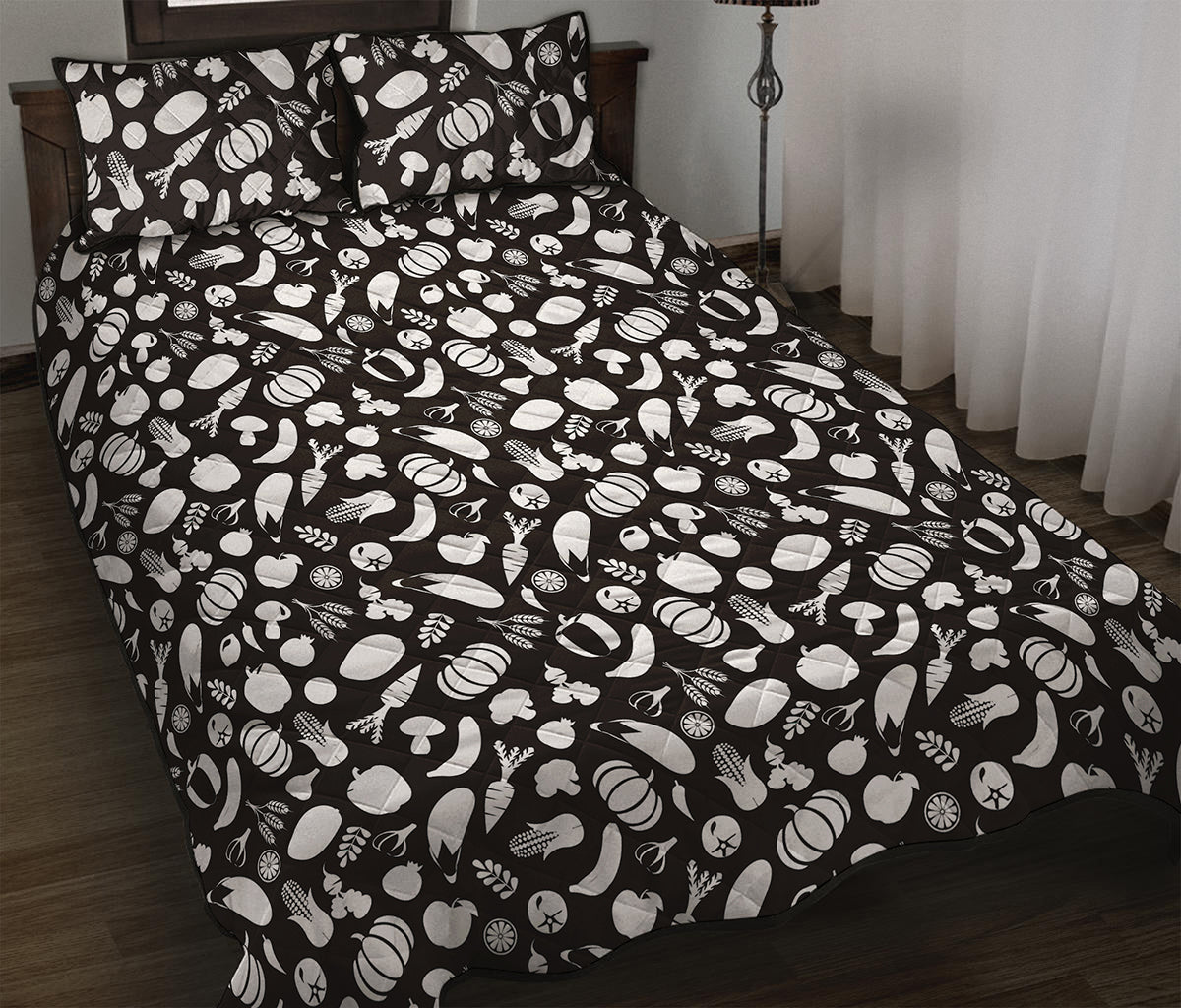 Blue And White Vegan Pattern Print Quilt Bed Set