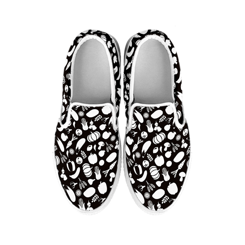 Blue And White Vegan Pattern Print White Slip On Shoes