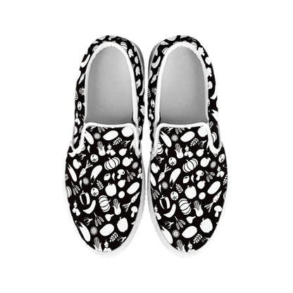 Blue And White Vegan Pattern Print White Slip On Shoes