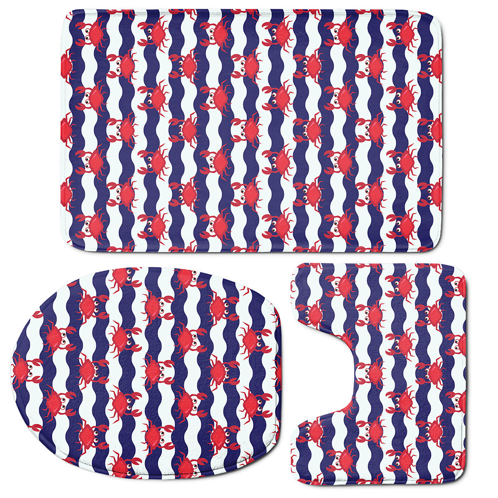 Blue And White Wave Crab Pattern Print 3 Piece Bath Mat Set