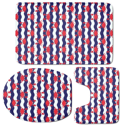 Blue And White Wave Crab Pattern Print 3 Piece Bath Mat Set