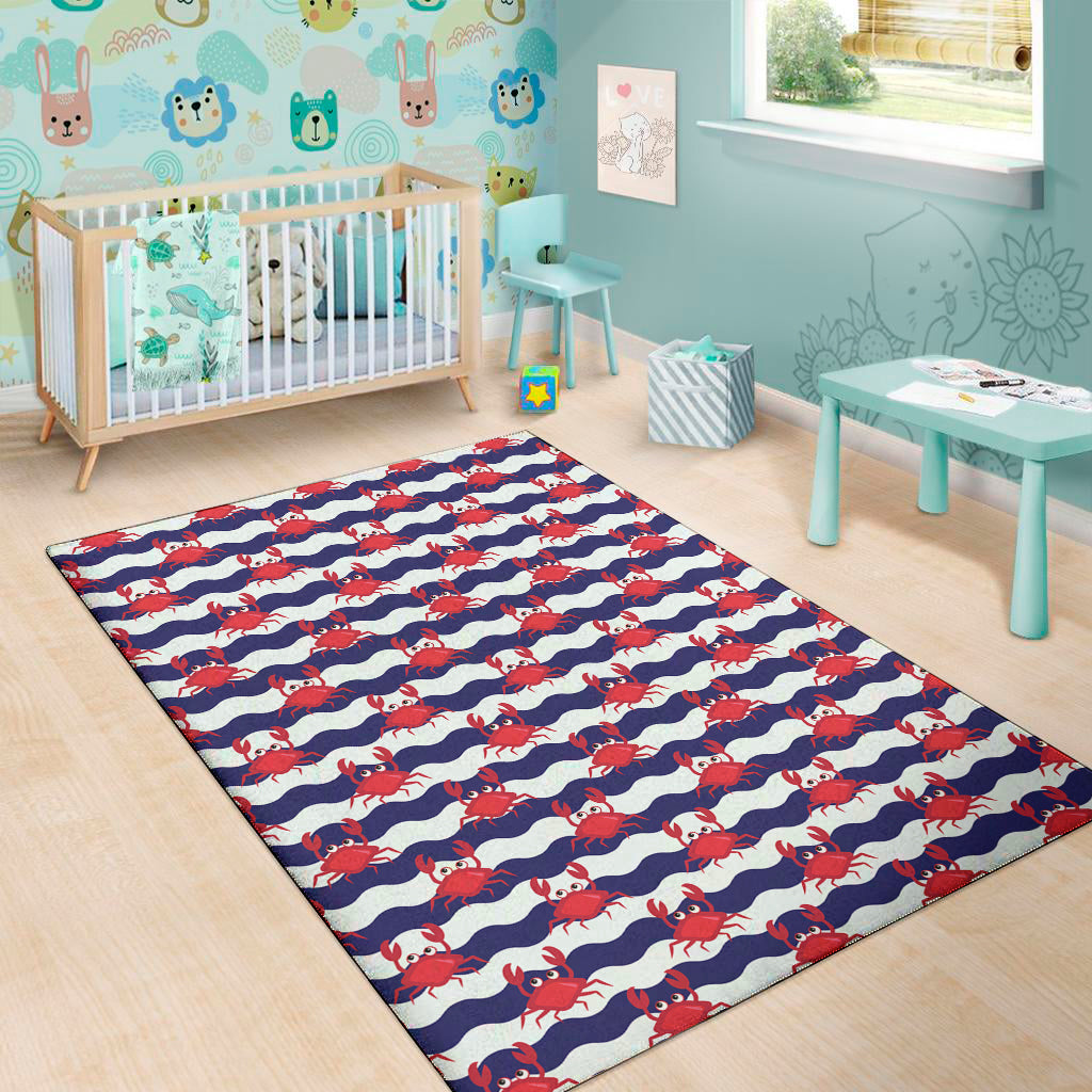 Blue And White Wave Crab Pattern Print Area Rug