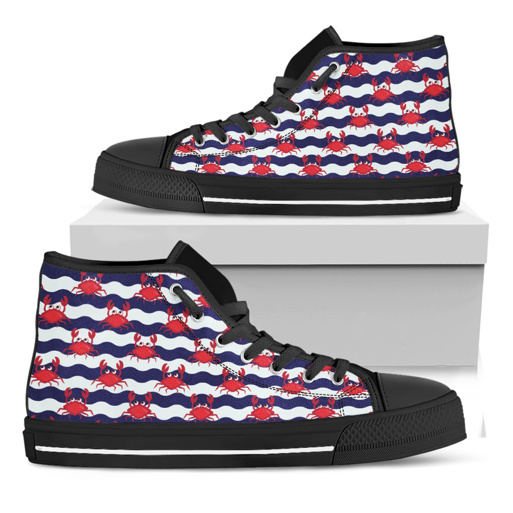Blue And White Wave Crab Pattern Print Black High Top Shoes