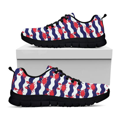 Blue And White Wave Crab Pattern Print Black Sneakers