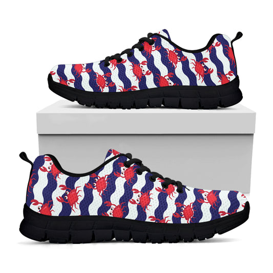 Blue And White Wave Crab Pattern Print Black Sneakers