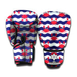 Blue And White Wave Crab Pattern Print Boxing Gloves