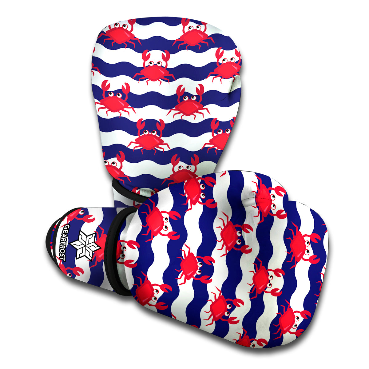 Blue And White Wave Crab Pattern Print Boxing Gloves