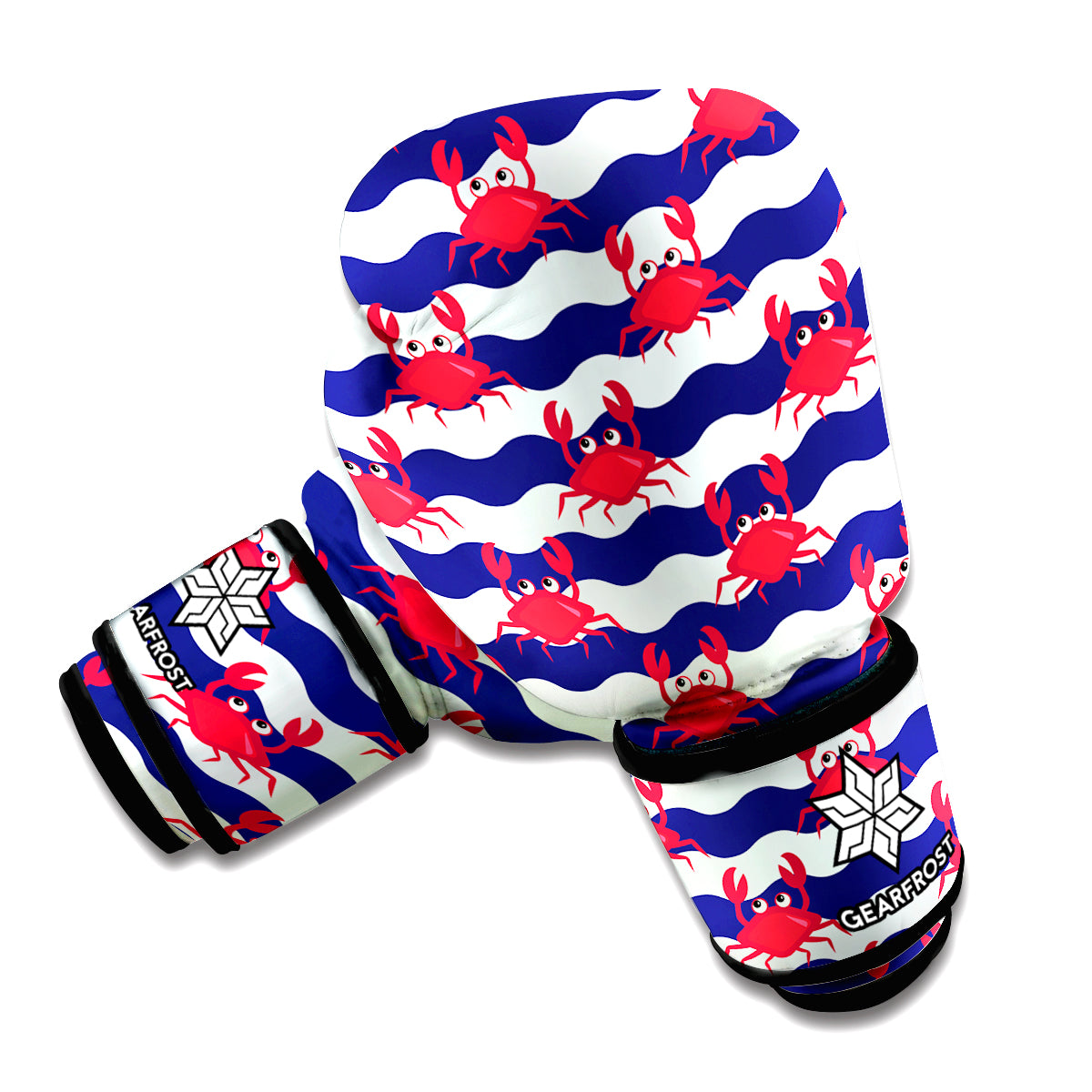 Blue And White Wave Crab Pattern Print Boxing Gloves