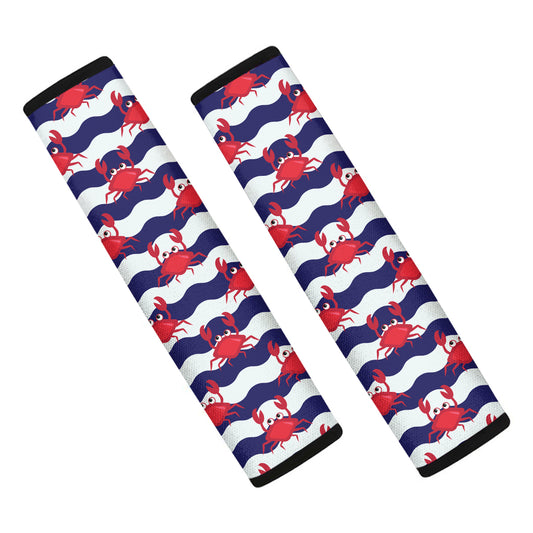 Blue And White Wave Crab Pattern Print Car Seat Belt Covers