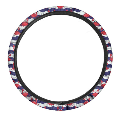 Blue And White Wave Crab Pattern Print Car Steering Wheel Cover