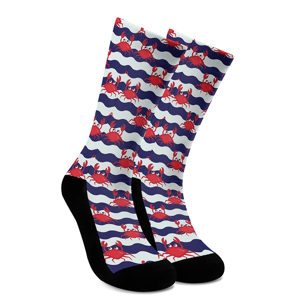 Blue And White Wave Crab Pattern Print Crew Socks