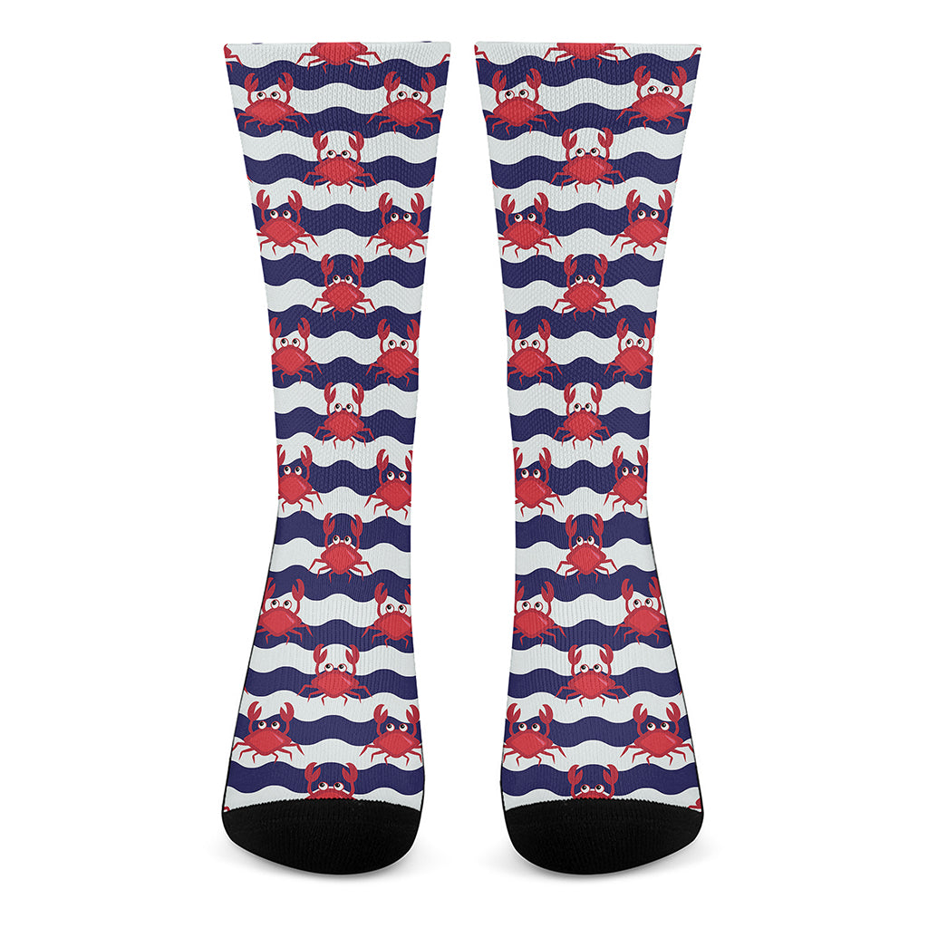 Blue And White Wave Crab Pattern Print Crew Socks