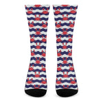 Blue And White Wave Crab Pattern Print Crew Socks