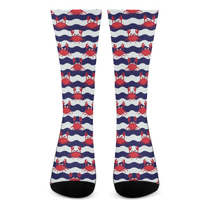 Blue And White Wave Crab Pattern Print Crew Socks