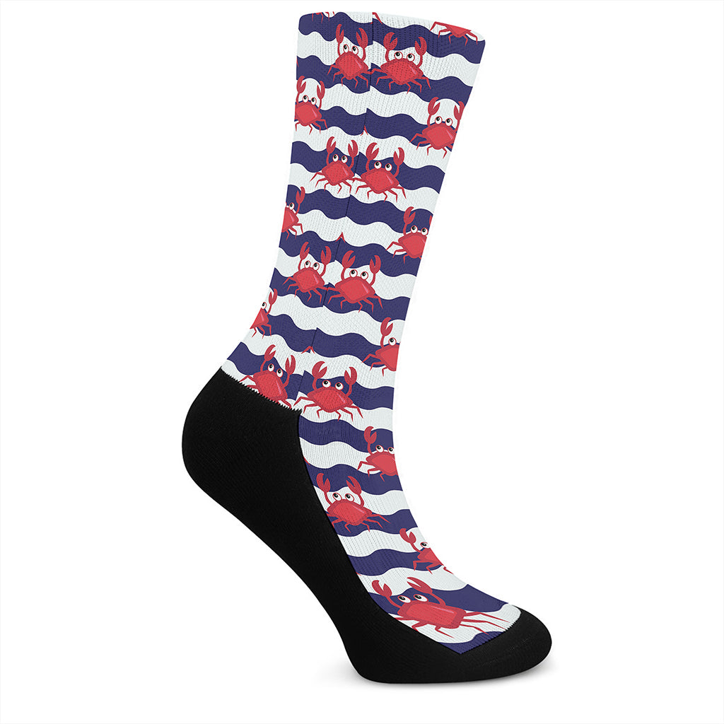 Blue And White Wave Crab Pattern Print Crew Socks