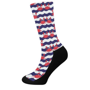 Blue And White Wave Crab Pattern Print Crew Socks