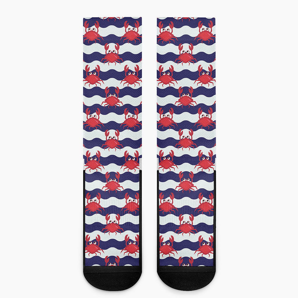 Blue And White Wave Crab Pattern Print Crew Socks