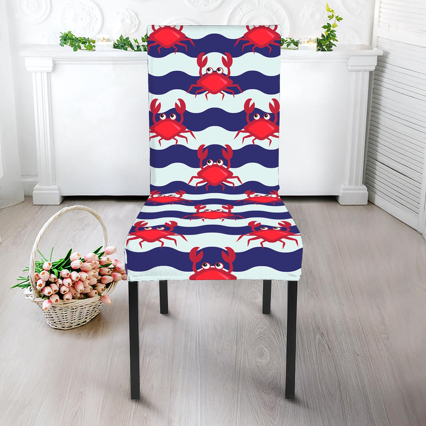 Blue And White Wave Crab Pattern Print Dining Chair Slipcover