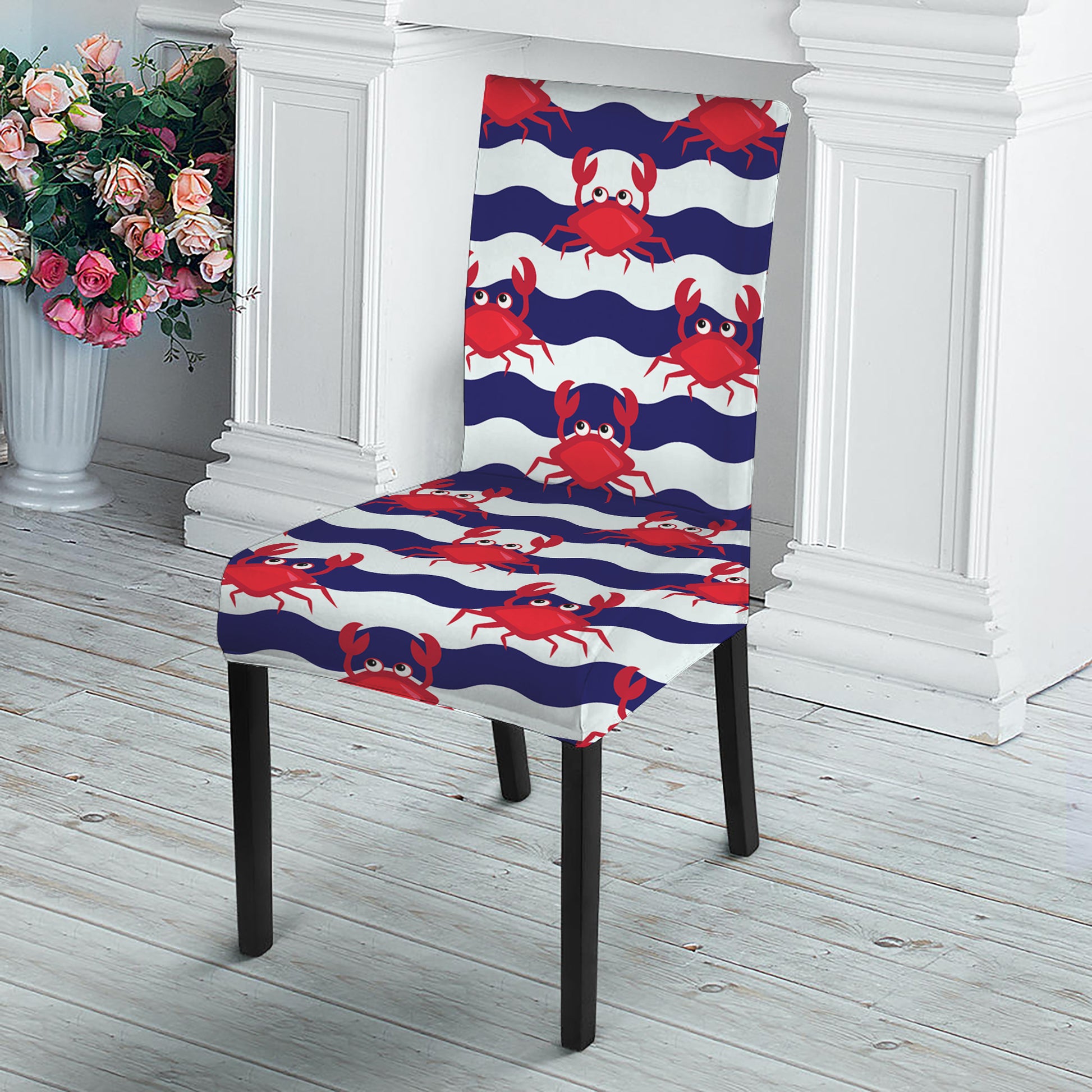 Blue And White Wave Crab Pattern Print Dining Chair Slipcover